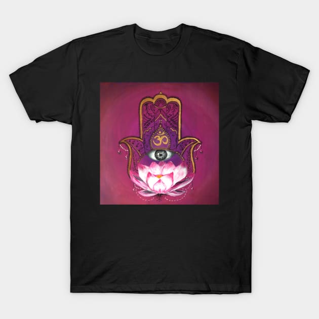Hand of Fatima - Hamsa hand with om all seeing eye T-Shirt by monchie